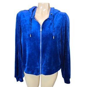 Magaschoni Velour Zip Up Hoodie Jacket Royal Blue Puffer Sleeves Women's Large